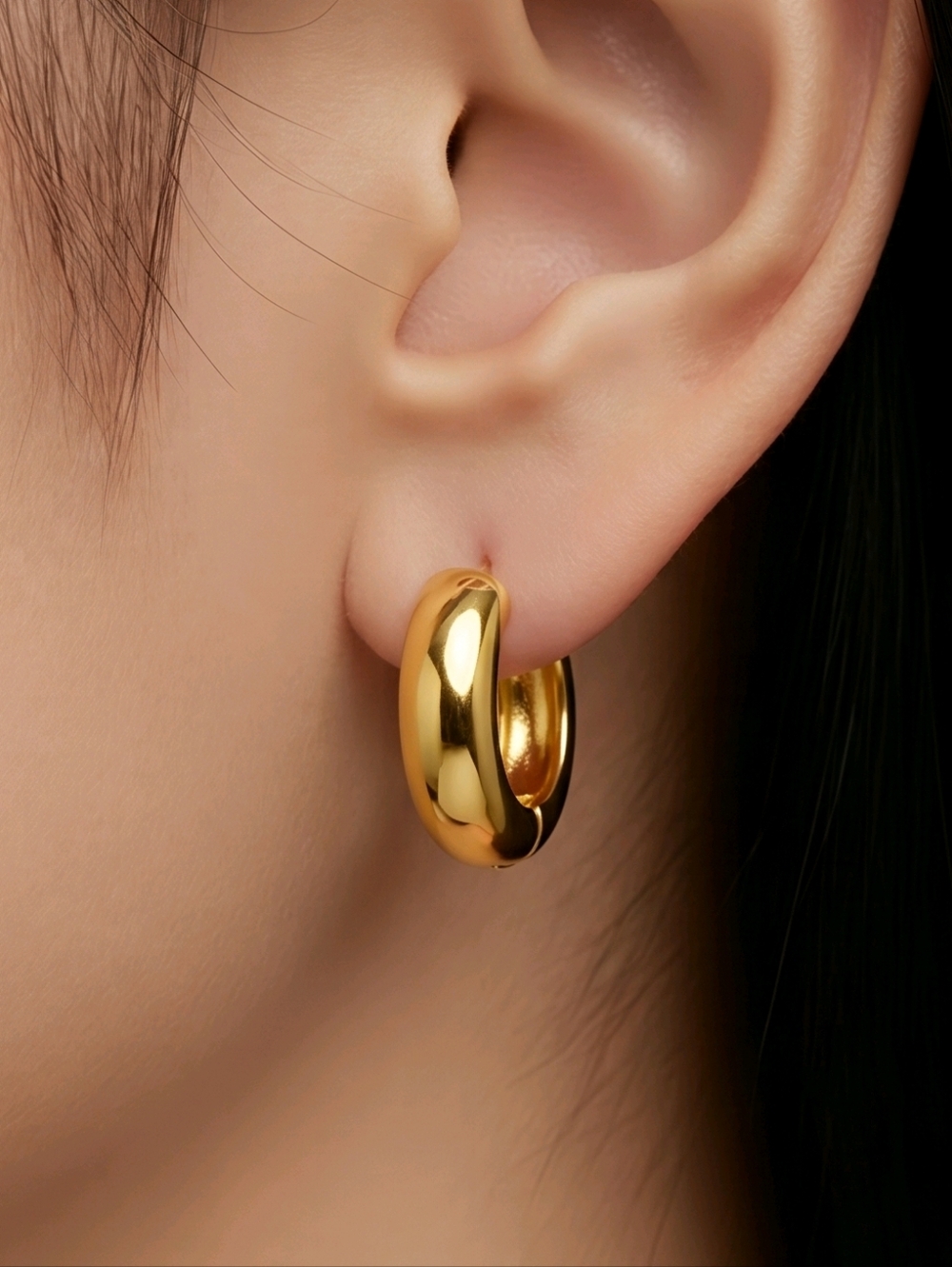 Chunky Gold Huggie Hoop Earrings 15mm 18K Plated Stainless Steel Hinged Dome New